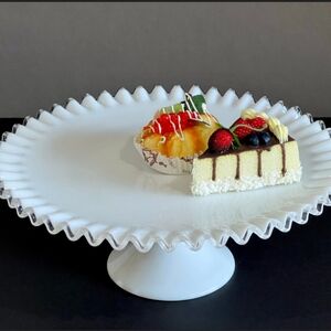 Fenton Silvercrest 13 Inch Pedestal Cake Stand/Plate, Milk Glass w/ Ruffled Edge